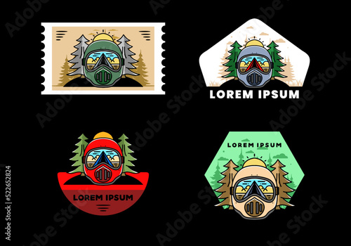 a trail helmet with a pine tree beside