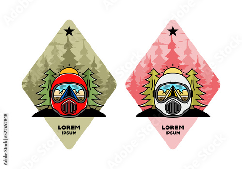 a trail helmet with a pine tree beside