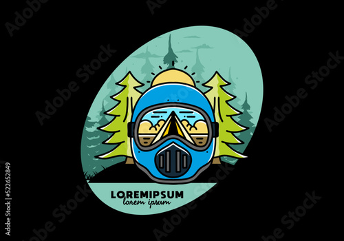 a trail helmet with a pine tree beside