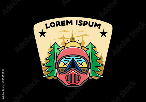 a trail helmet with a pine tree beside