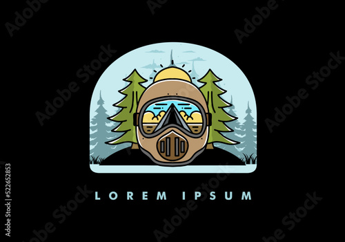 a trail helmet with a pine tree beside