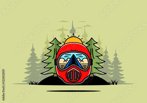 a trail helmet with a pine tree beside