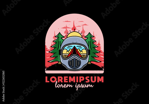 a trail helmet with a pine tree beside