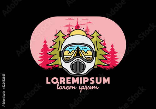 a trail helmet with a pine tree beside