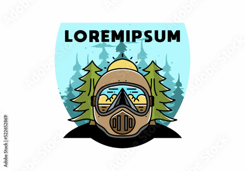 a trail helmet with a pine tree beside