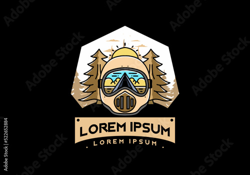 a trail helmet with a pine tree beside