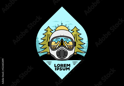 a trail helmet with a pine tree beside