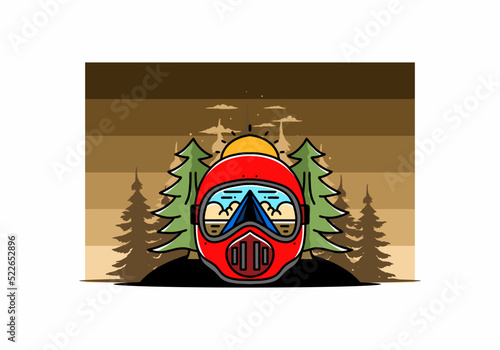 a trail helmet with a pine tree beside