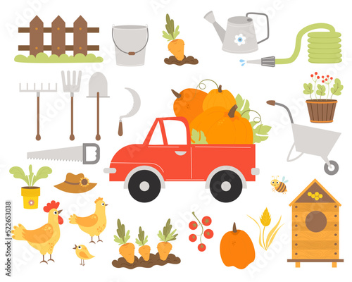 Farming big collection. Pumpkin truck, garden tools, rooster and hen, beehive and bee, carrot patch, wooden fence, straw hat and pumpkin, tomatoes and grains. Vector illustration. isolated elements.