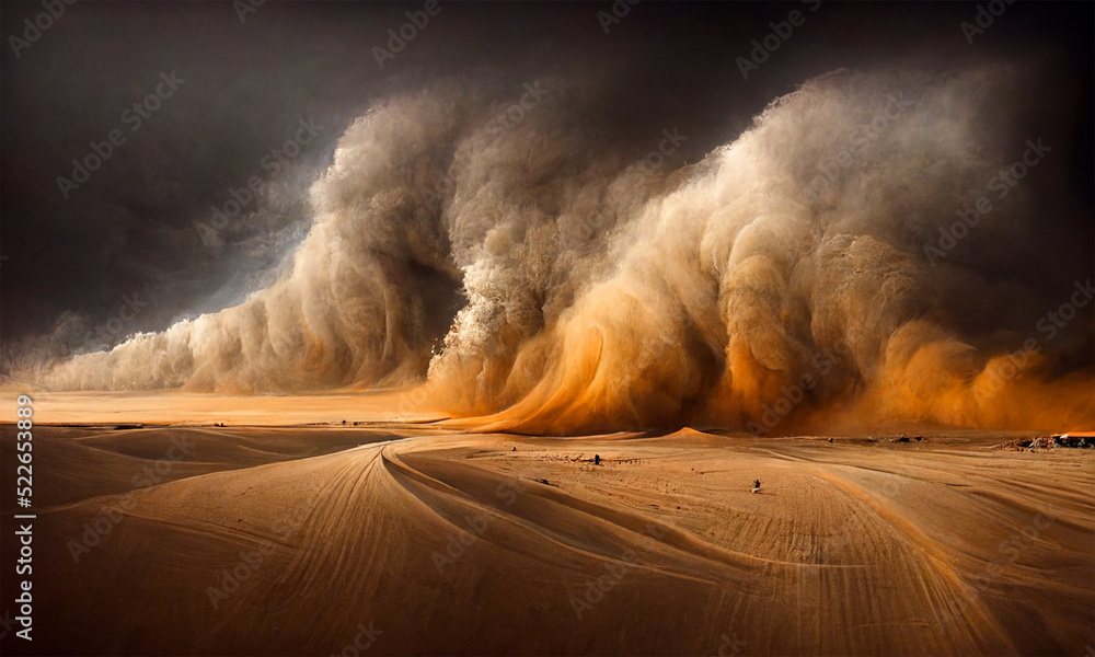 Leinwandbild Motiv - Coka : dramatic sand storm in desert, background, digital art