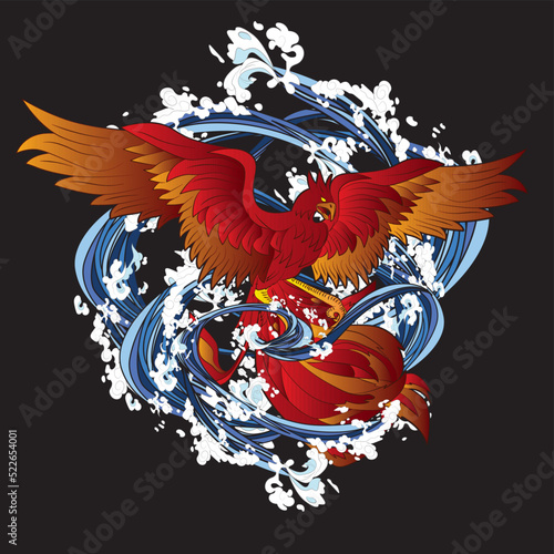 phoenix illustration with japanese style background