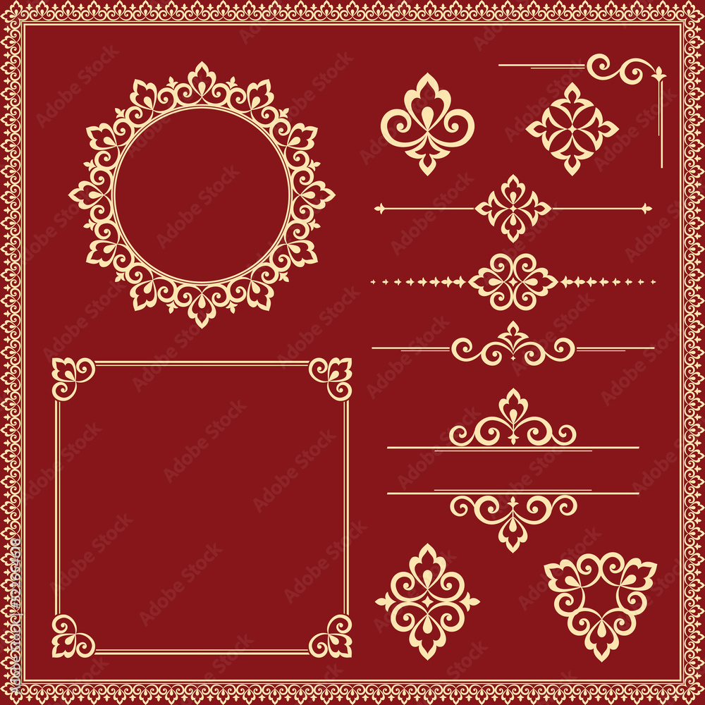 Damask graphic ornament. Floral design element. Gold and red vector pattern Damask graphic ornament. Floral design element. Gold and red vector pattern