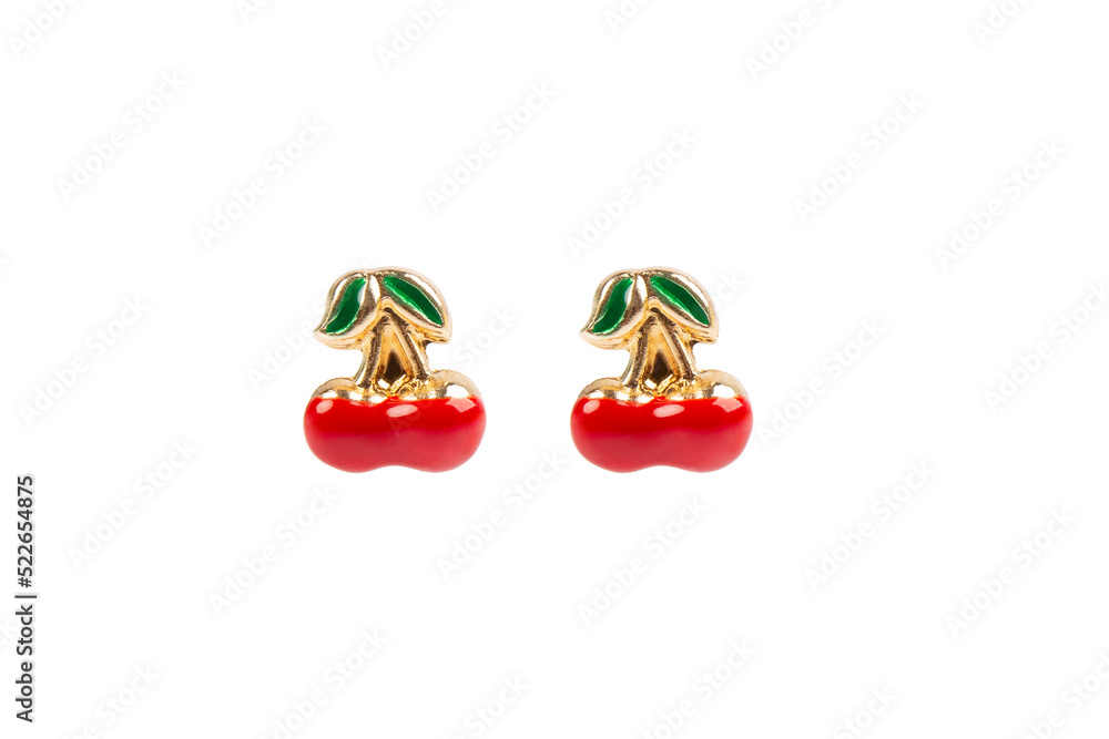 Cherry-shaped gold stud earrings isolated on white background.