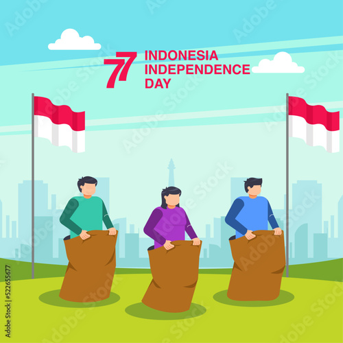 Indonesia traditional games during independence day, balap karung translate: sack race. celebration of freedom photo