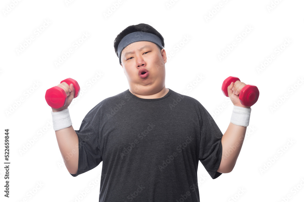 Young Asian fat sport man exercise with dumbbell, Png file.