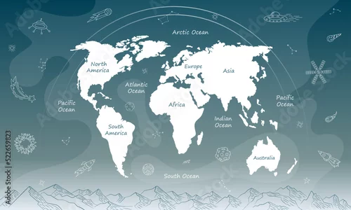 Obraz World map for kids with space planets, stars, rocket, meteors. Mural space doodle hand drawn, fresco design with countries illustration. children's card for wallpaper, kids room, wall art. 