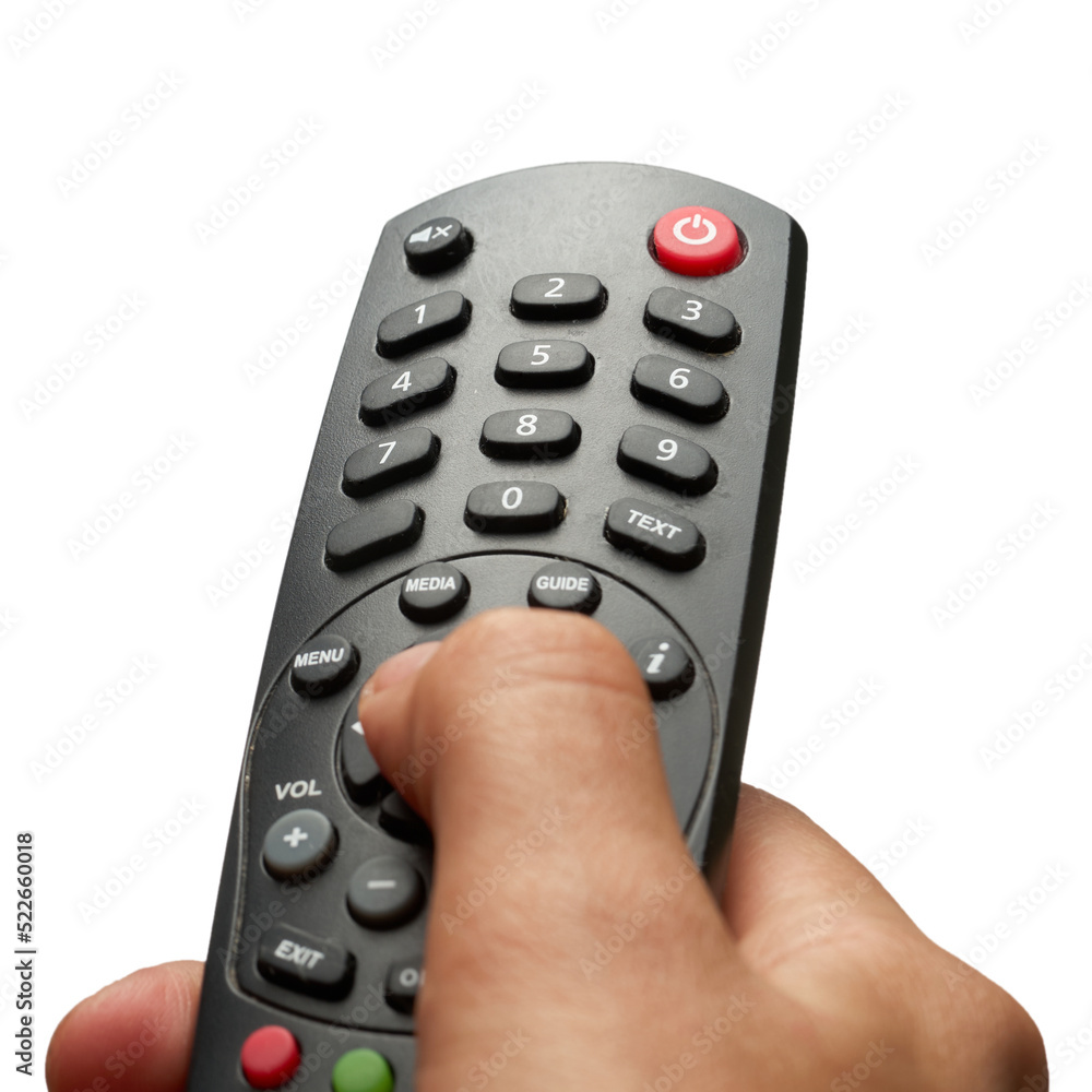 Changing TV program: close up of human hand holding television remote control isolated on white background Changing TV program: close up of human hand holding television remote control isolated on white background