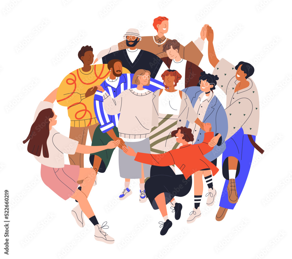 People circle, united group for support, network. Multiethnic community, unity. Diverse happy characters team hug together. Flat graphic vector concept illustration isolated on white background