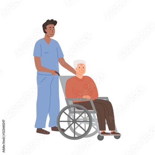 Diverse nurse or doctor taking care of elderly man on wheelchair. Nursing home concept. Assisted living. Residential care facility. Senior person with disability at hospital. Vector flat illustration.