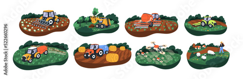 Works at agriculture field, farm, pasture set. Tractors, machines harvesting crops of farmlands. Cultivation of agro plantations in countryside. Flat vector illustrations isolated on white background