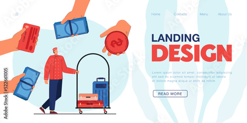 Hands of tourists giving money to bellboy in hotel uniform. Man pushing trolley with luggage flat vector illustration. Hospitality, service concept for banner, website design or landing web page