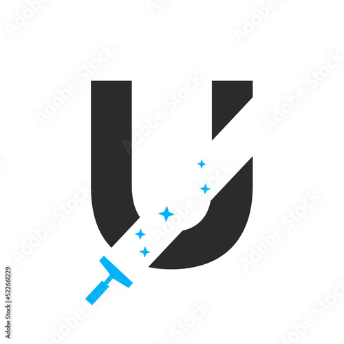 Letter U House Cleaning Logo Concept For Broom Maid Service Symbol Vector Template
