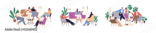 People groups speaking, discussing smth at talk shows, at home. Men, women communication, discussion, sitting on sofa, armchair in living room. Flat vector illustrations isolated on white background