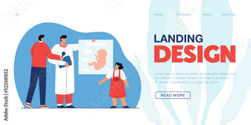 Biologist with infographics teaching girl embryology. Man with microphone, quiz show for students flat vector illustration. Education, biology concept for banner, website design or landing web page
