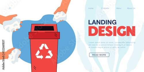 Hands throwing crumpled paper waste in recycle container. People cleaning environment from trash pollution flat vector illustration. Cleanliness concept for banner, website design or landing web page