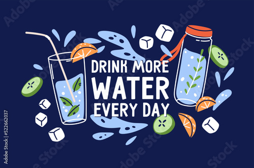 Drink more water, card background with detox drinks in glass and bottle. Prom...