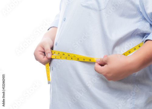 Fat man holding a measurement tape for check out his body, Png file.