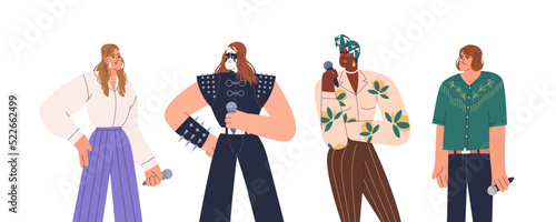 Different singers set. Vocal artists with microphones. Vocalists men and women sing songs for pop, metal, rock, soul and indie music. Flat graphic vector illustrations isolated on white background