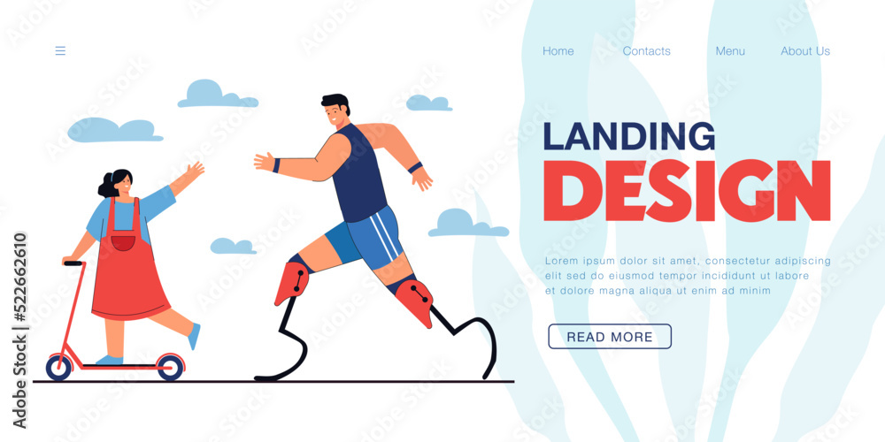 Athlete with prosthetic legs running with girl on kick scooter. Training exercise of man and child flat vector illustration. Sport, disability concept for banner, website design or landing web page