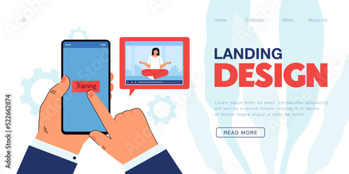 Hand holding phone with video training on screen. Person doing sport, yoga class at home during pandemic flat vector illustration. Isolation concept for banner, website design or landing web page