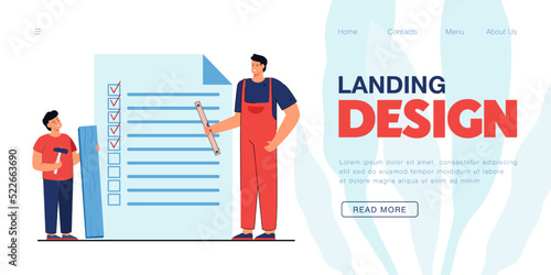 Checklist for carpentry works and tasks of father and son. Tiny man and boy standing with repair tools flat vector illustration. Workshop, diy concept for banner, website design or landing web page