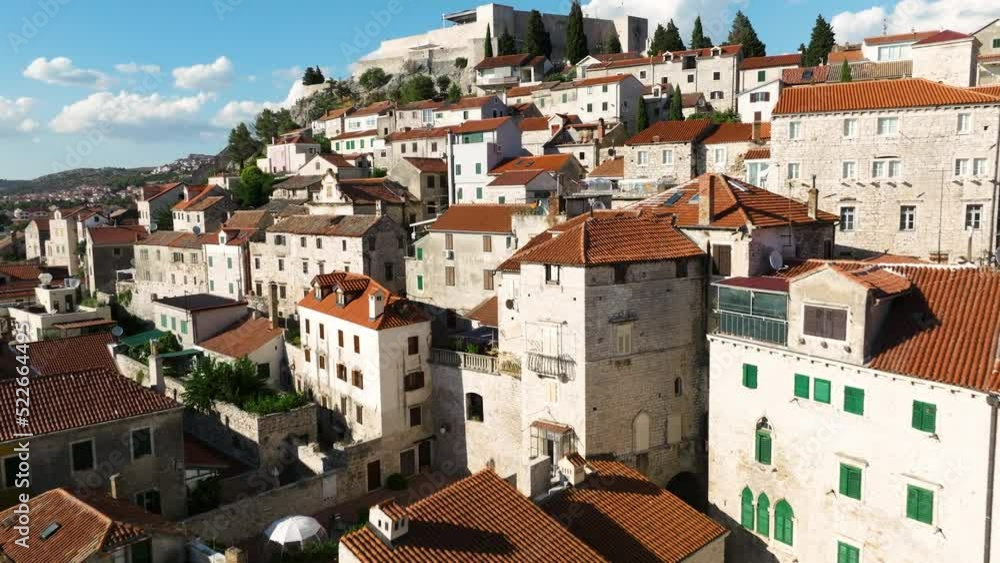 The Town Of Sibenik On A Summer Day In Croatia - aerial drone shot The Town Of Sibenik On A Summer Day In Croatia - aerial drone shot