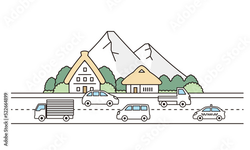 田舎の景色と車のイラスト素材。