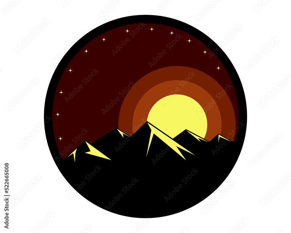 Simple scenery logo design with mountains silhouette and moon. Vector. suitable to use for traveling, holiday, hiking and etc. Simple scenery logo design with mountains silhouette and moon. Vector. suitable to use for traveling, holiday, hiking and etc.