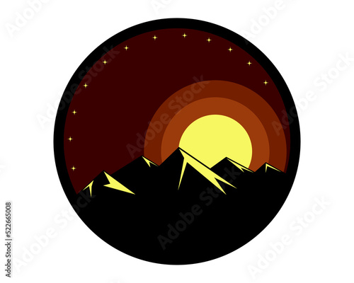 Simple scenery logo design with mountains silhouette and moon. Vector. suitable to use for traveling, holiday, hiking and etc.