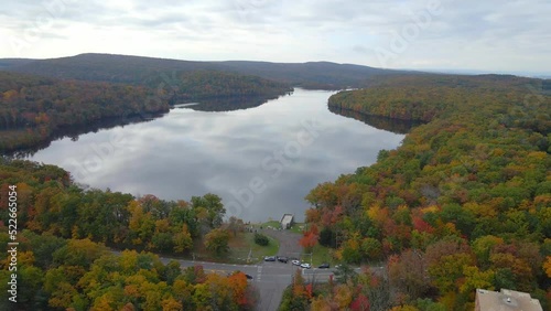 Aerial drone shot of a big lake in Wilkes barre Pennsylvania during the fall time. photo