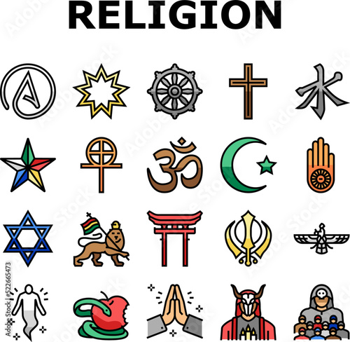 Religion, Prayer Cult And Atheism Icons Set Vector. Christianity And Druze, Bahai And Gnosticism, Hinduism And Islam, Judaism And Sikhism. Sect Religious And Human Soul Color Illustrations