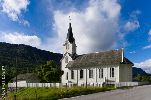 White church in Norway, Europe big panorama