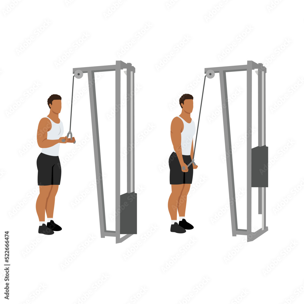 Man doing Reverse grip cable triceps extension exercise. Flat vector