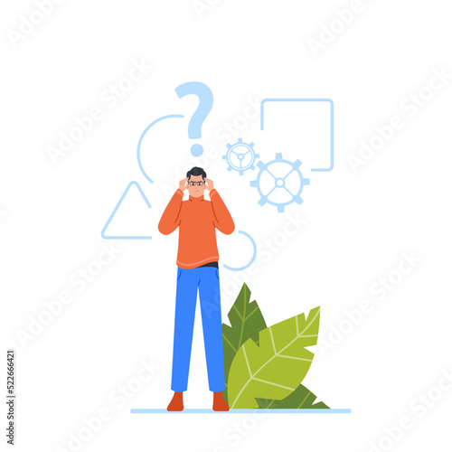 Male Character with Critical Thinking, Man in Glasses with Geometrical Shapes, Cogwheels and Question Mark over Head
