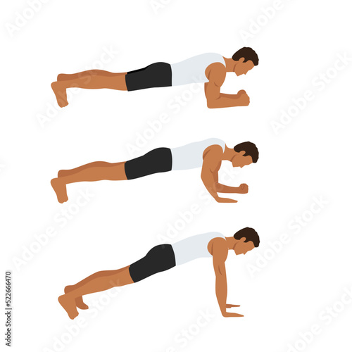 Man doing plank get ups exercise flat vector illustration isolated on white background