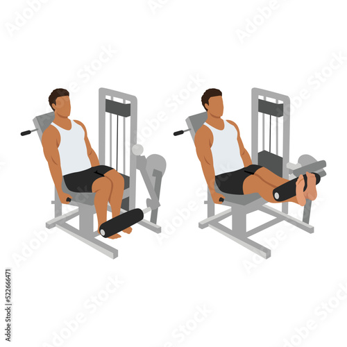 Man doing leg extension on machine exercise. Flat vector illustration isolated on white background