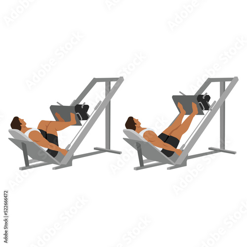 Man doing leg press exercise on machine. Flat vector illustration isolated on white background