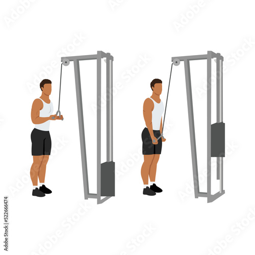 Man doing Reverse grip cable triceps extension exercise. Flat vector illustration isolated on white background