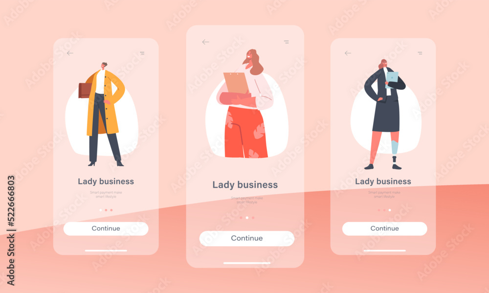 Business Lady Mobile App Page Onboard Screen Template. Diverse Business Women, Confident Female Characters Business Lady Mobile App Page Onboard Screen Template. Diverse Business Women, Confident Female Characters