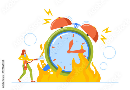 Time is Over, Deadline, Morning Wake Up Concept. Tiny Female Character Trying Extinguish Huge Burning Alarm Clock